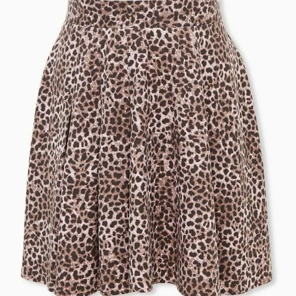 LEOPARD TWILL PLEATED MINI SKATER SKIRT